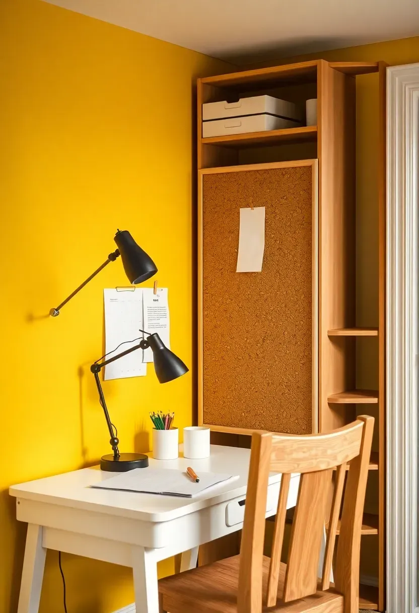 homework desk nook inside basement playroom with task lamp shelf and chair near bright wall