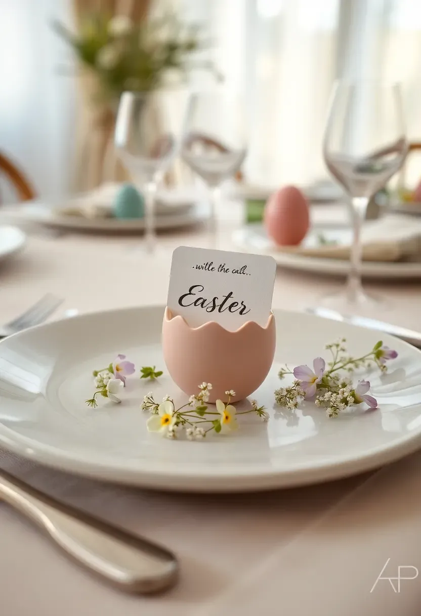 hand-painted egg place card holders on an Easter dinner table with calligraphy names