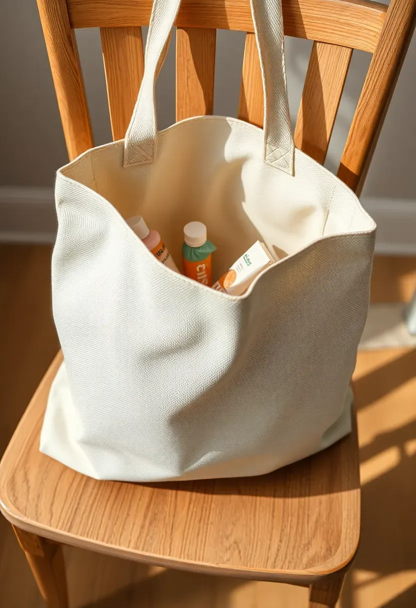 reusable canvas tote bag printed with a cute baby shower phrase filled with small wrapped prizes on a wooden chair