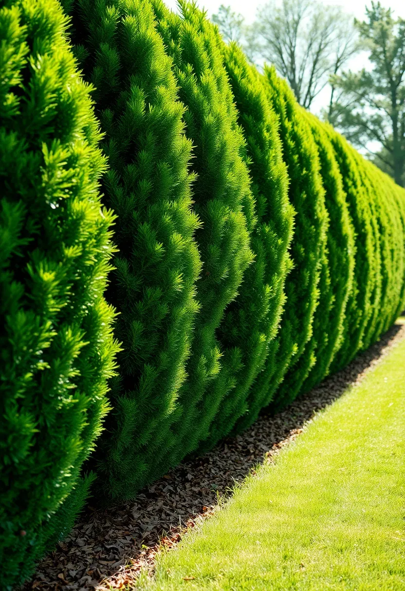 A layered hedge with mixed evergreen shrubs of varying heights creating a thick green privacy barrier in a suburban backyard