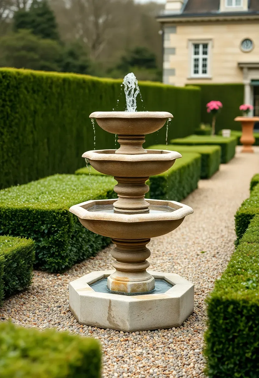Tiered formal garden fountain with three descending limestone basins, symmetrical box hedges, and standard rose topiaries in a classical garden setting