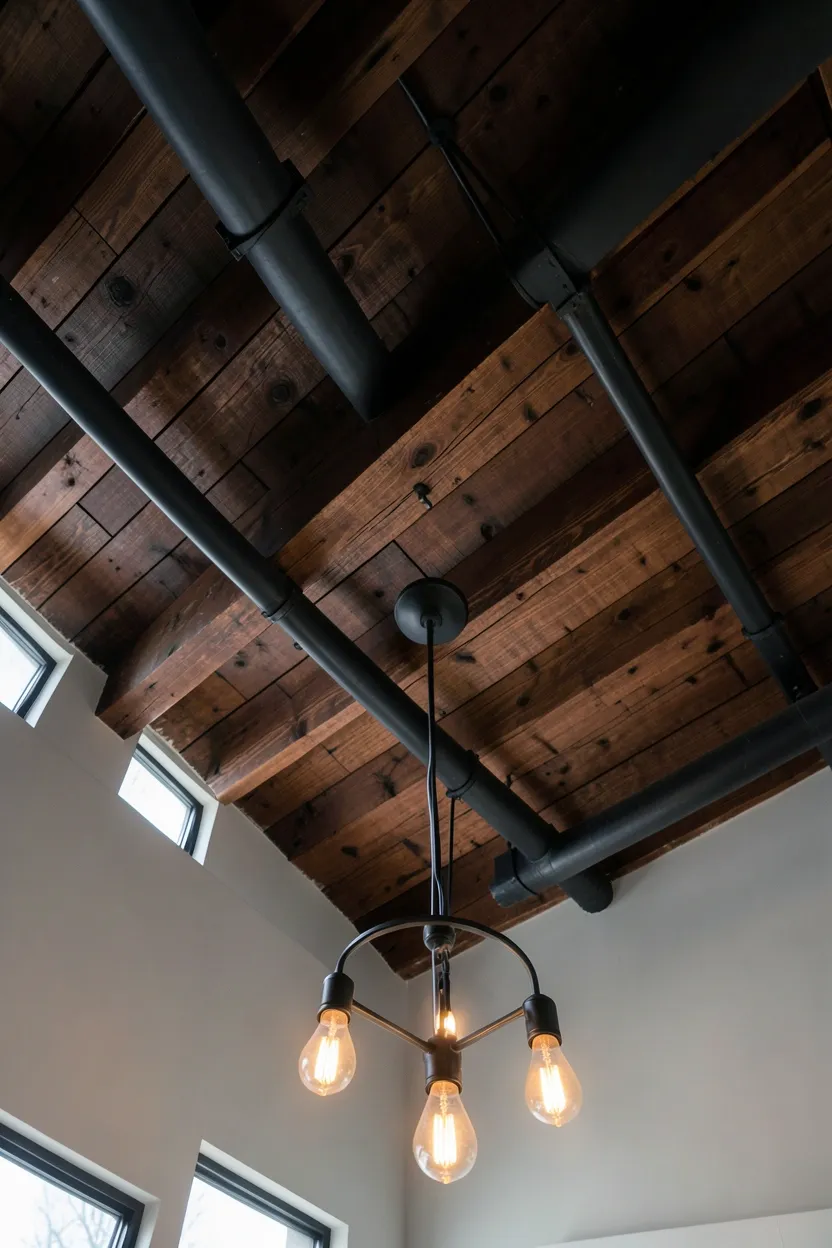 Dark-stained exposed ceiling beams with matte black painted ductwork in an industrial loft living room with high ceilings and concrete floors