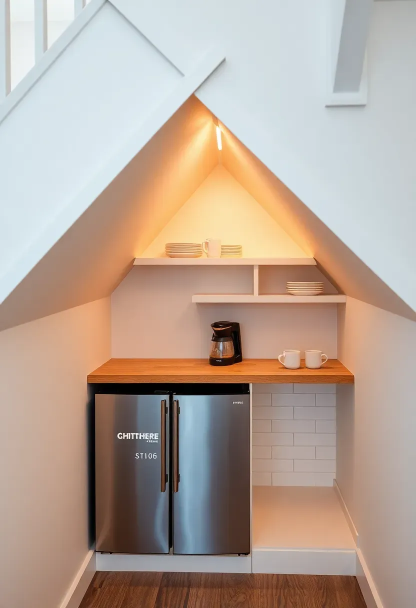 Small kitchenette built into the space under a basement staircase with a mini fridge, countertop, and compact shelving above