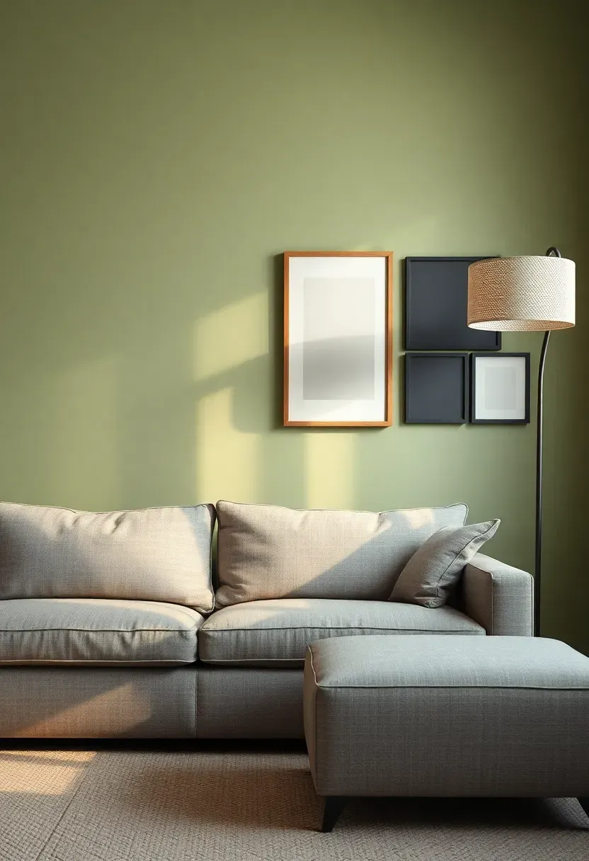 Living room accent wall behind a grey sofa painted in warm sage green, with a gallery of framed prints arranged in a loose grid beside a floor lamp
