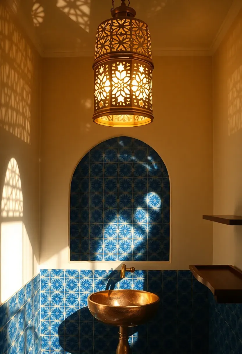 Moroccan pierced brass lantern chandelier casting star-shaped light patterns on bathroom walls and ceiling