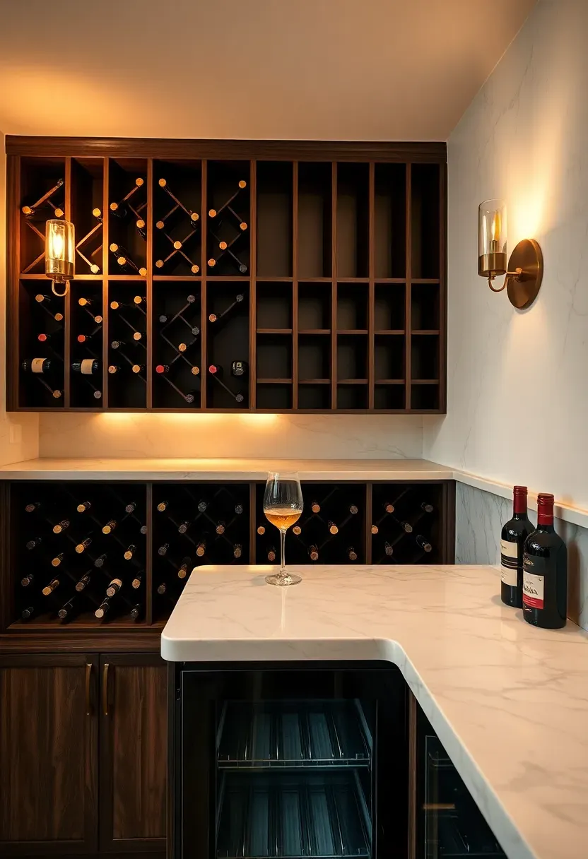basement wine bar with floor-to-ceiling built-in wine rack marble countertop and ambient wall sconces
