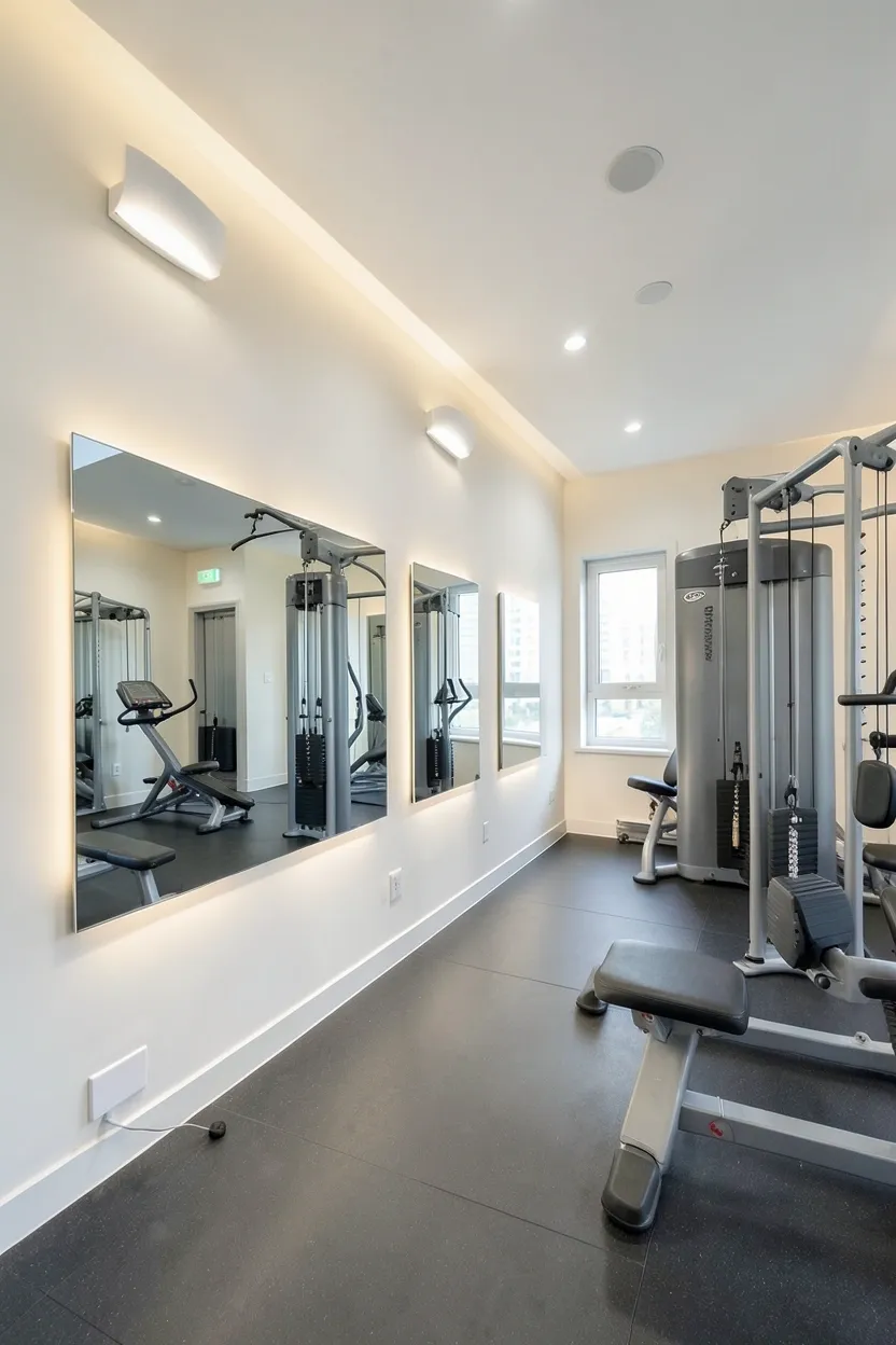 Gym mirror with built-in LED perimeter lighting providing even illumination in a small workout room without separate fixtures
