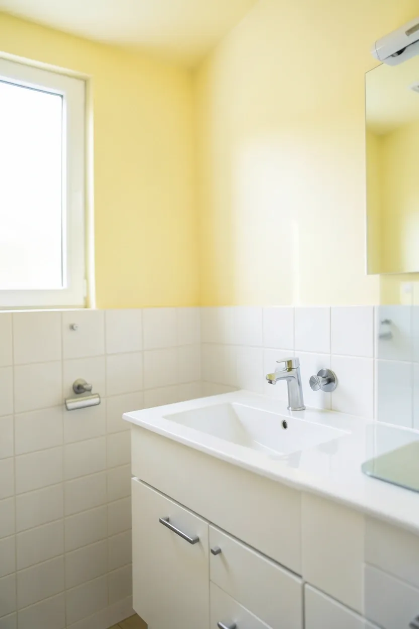 Cheerful rental bathroom with pale yellow walls, white subway tiles, and chrome fixtures — bright and airy apartment color idea