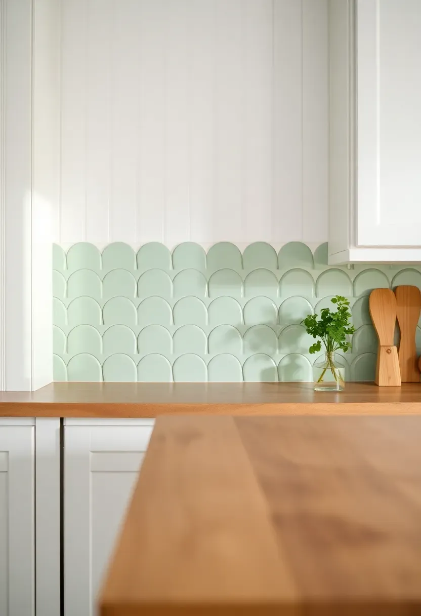 scalloped edge tile backsplash in pastel mint green with overlapping curved bottom edges in a bright cottage kitchen