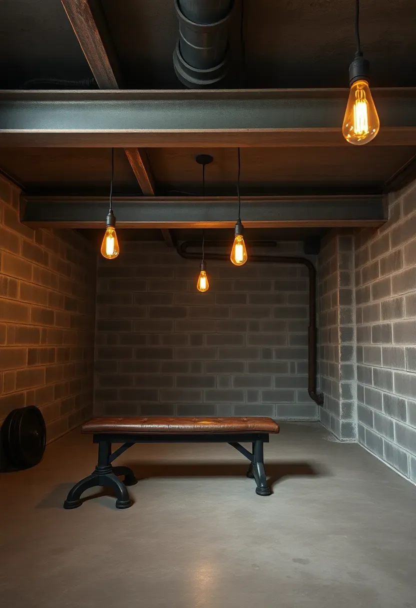 Industrial basement gym with exposed concrete walls, steel beams, vintage gym equipment, and Edison bulb pendant lights