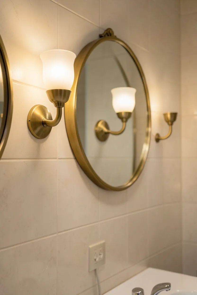 Plug-in wall sconces with warm LED light on either side of bathroom mirror in a small renter-friendly apartment