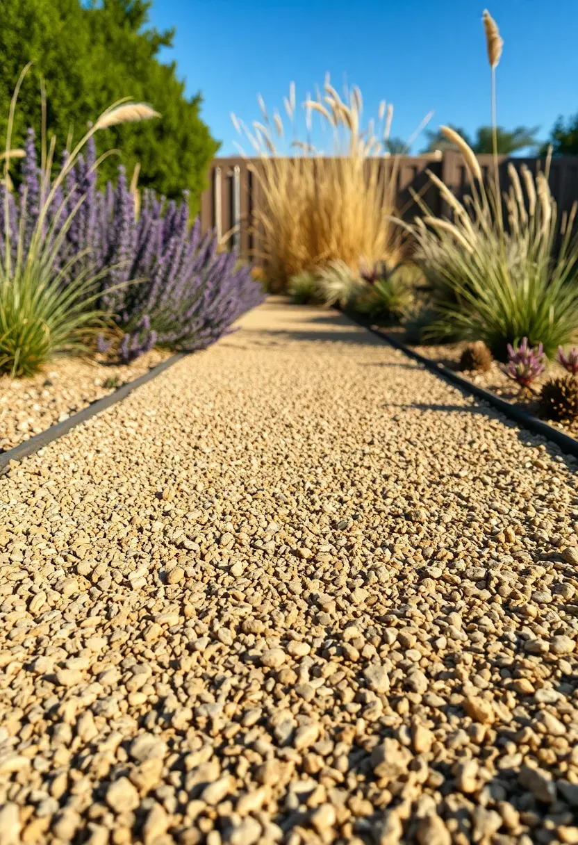 Decomposed granite pathway in golden tan color running through a drought-tolerant backyard garden with native grasses