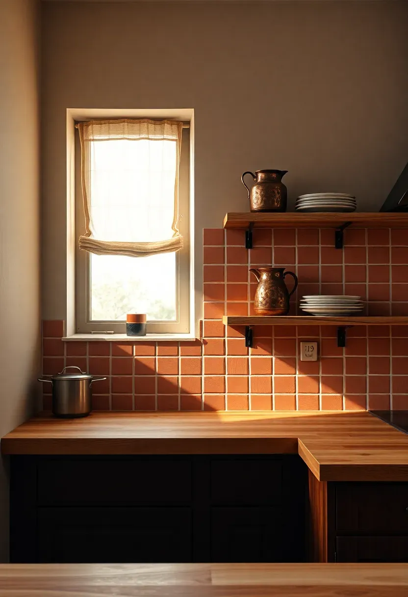 terracotta square tile backsplash with matte seal in a warm rustic kitchen with open wood shelving and copper pots