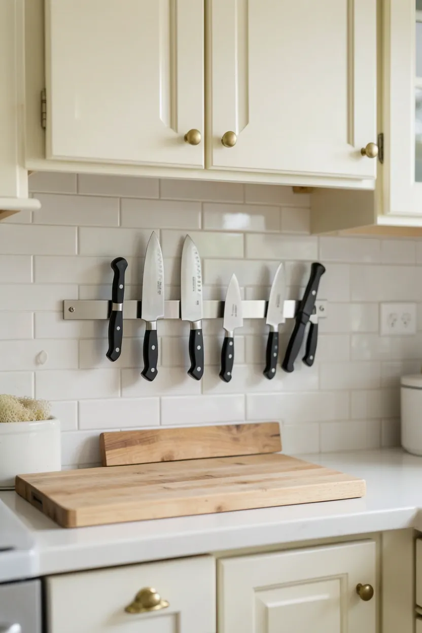 Wooden magnetic knife strip mounted on cottage kitchen backsplash keeping knives accessible and counters clear