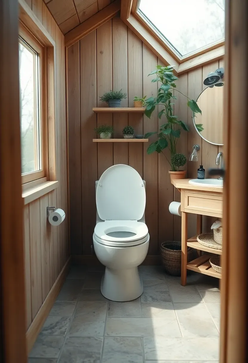 Hyper-realistic 3/4 view of a tiny house bathroom interior featuring a modern composting toilet, light wood vanity, round mirror, and plants. Materials: white composting toilet fixture, bamboo vanity, natural stone floor tiles. Bright natural window light, airy atmosphere. Sustainable design, minimal eco-conscious bathroom. Shallow depth of field, soft blurred background. No text, no logos.</p>