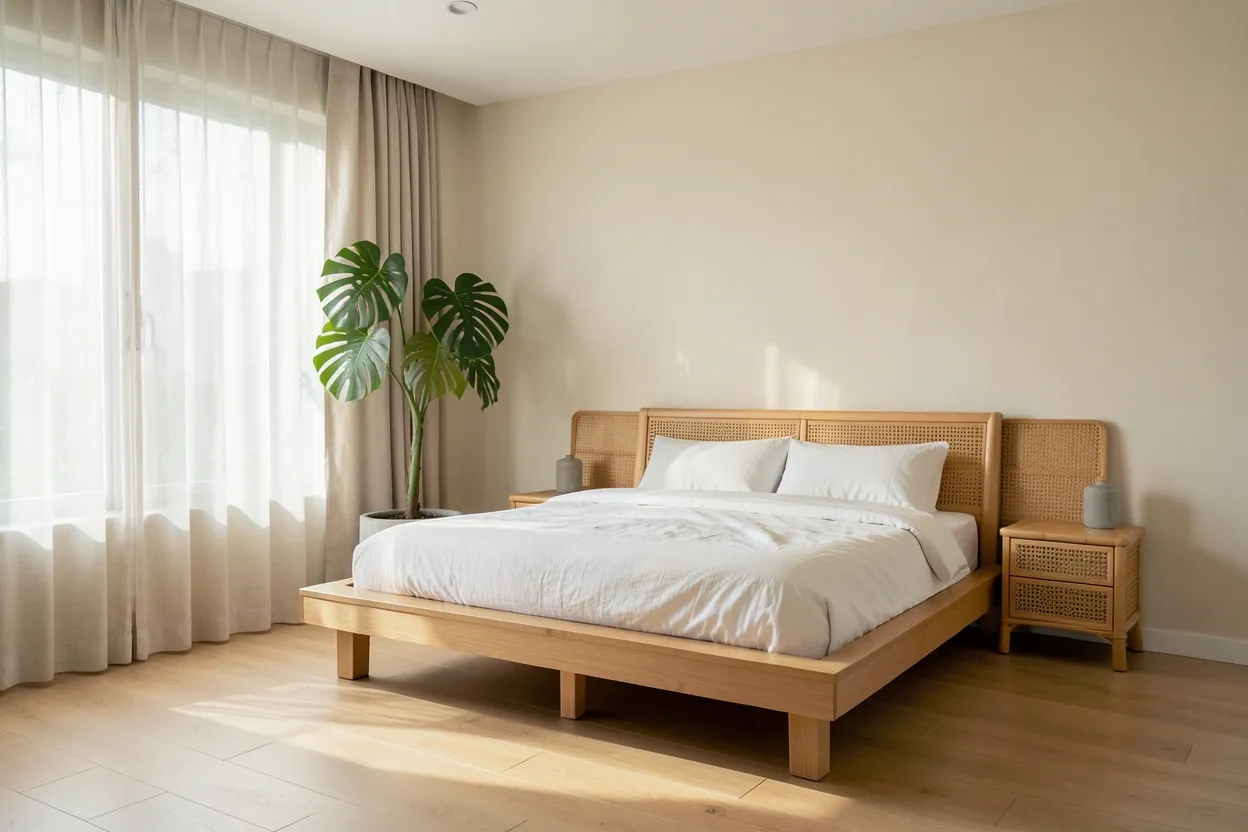Tropical Japandi bedroom with low platform bed, rattan pendant light, and linen bedding in warm neutral tones