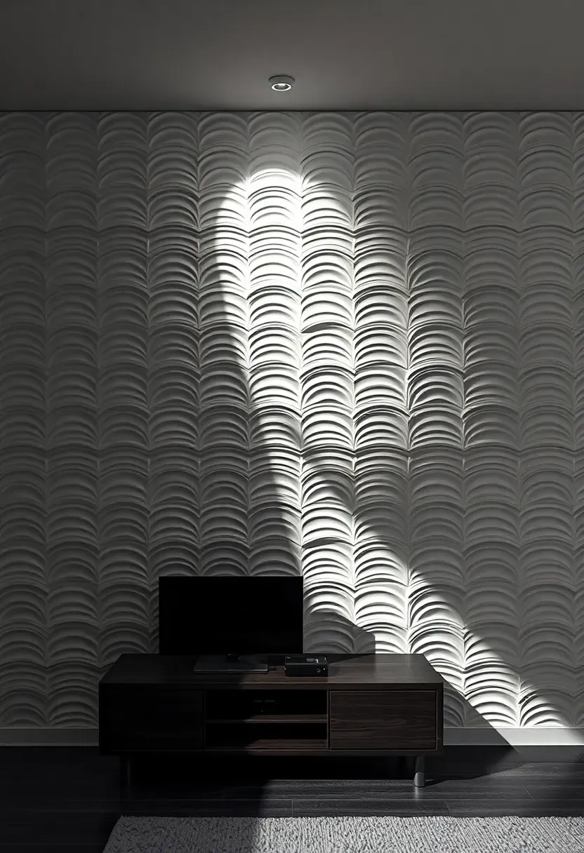 White 3D textured wave-pattern wall panel creating shadow play in a contemporary basement entertainment room