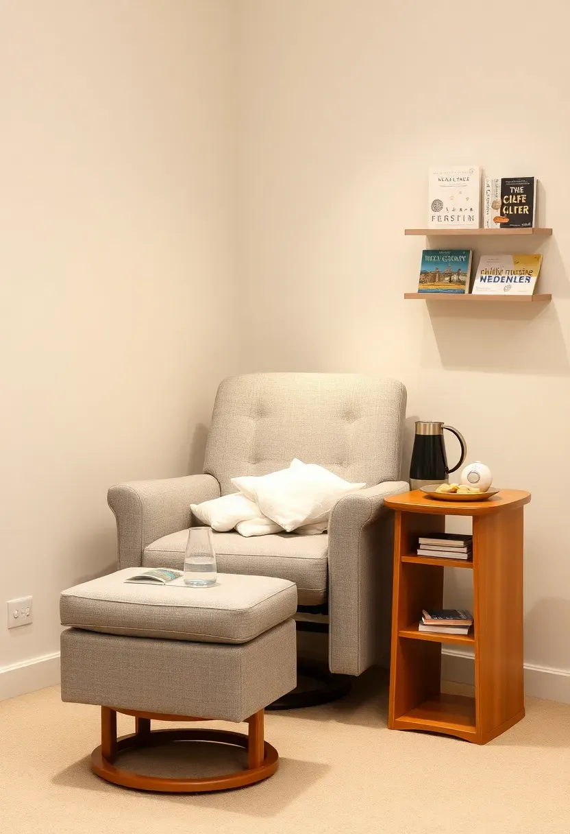Compact nursing station with comfortable armchair and ottoman in corner