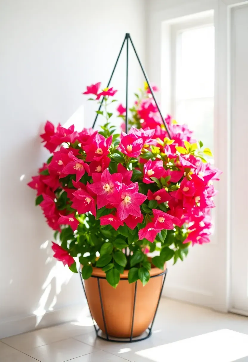 Bougainvillea with hot pink bracts climbing a geometric wire frame mounted in a bright sunroom corner, vivid color against white walls and tile floor
