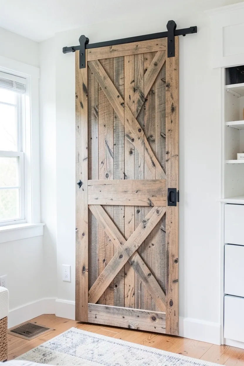 Sliding barn door with X-brace planks and black iron hardware covering a closet in a farmhouse bedroom