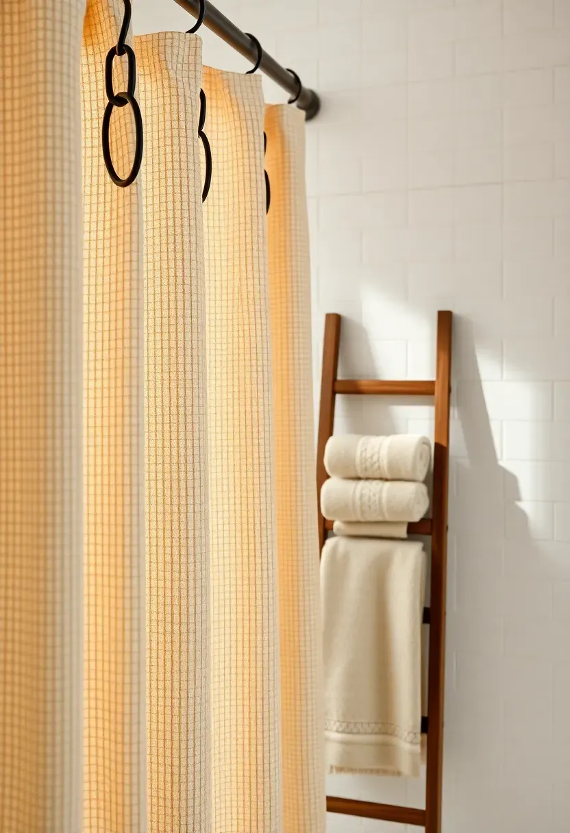 linen waffle shower curtain in oatmeal with wood ladder and rolled towels