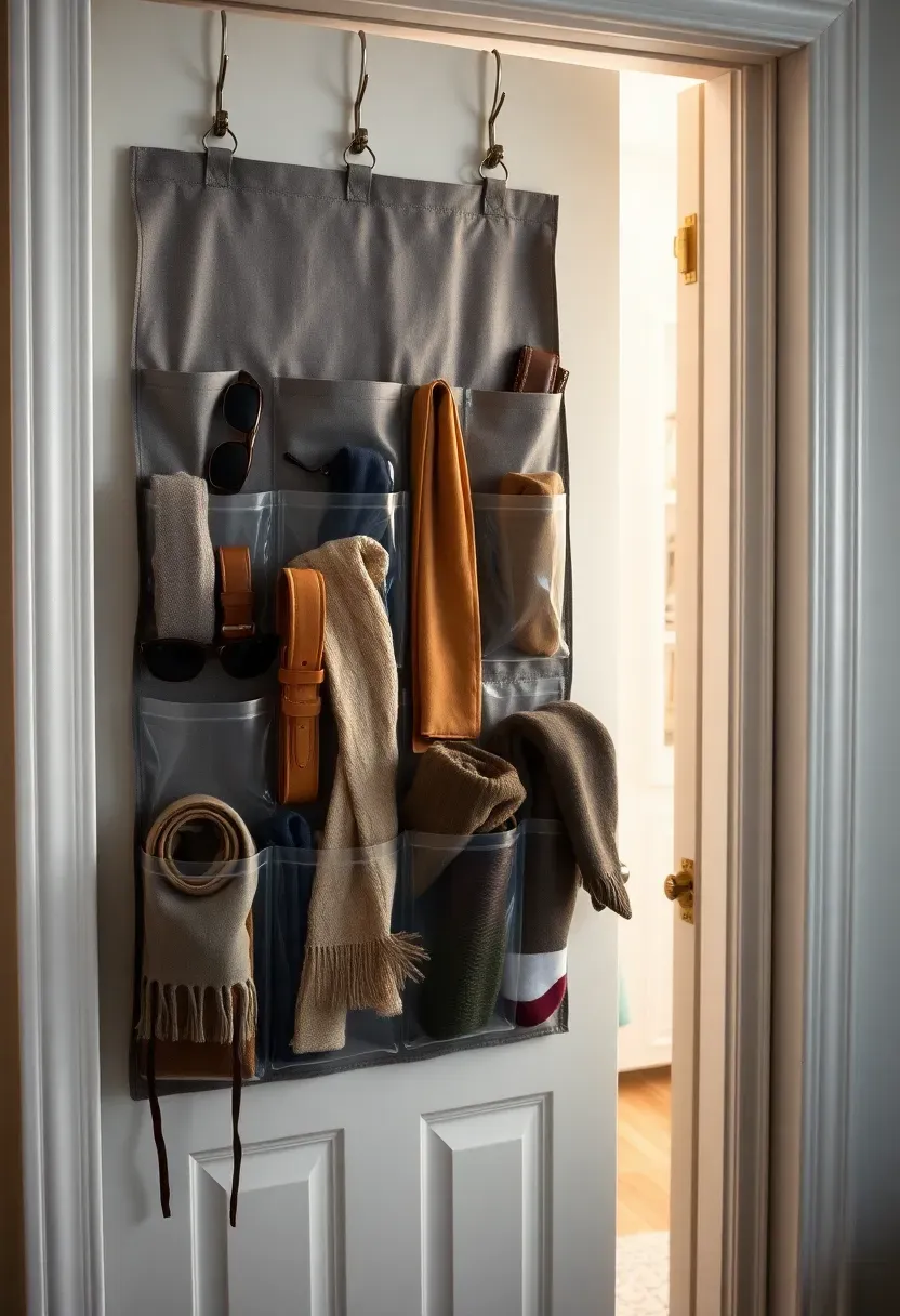 Over-the-door hanging pocket organizer in grey fabric with clear front pockets holding scarves, belts, socks, and small accessories on a white closet door