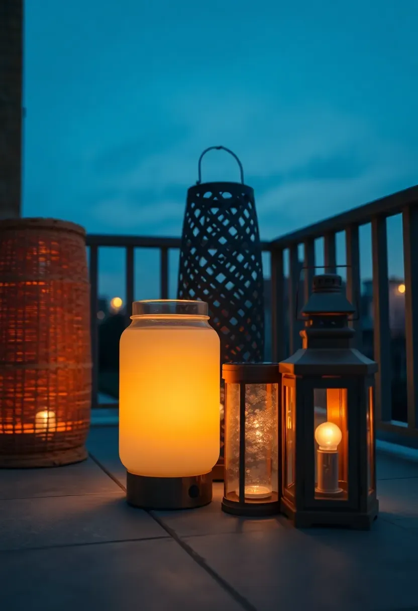 Collection of solar-powered lanterns in various sizes glowing warmly on apartment patio steps and surfaces