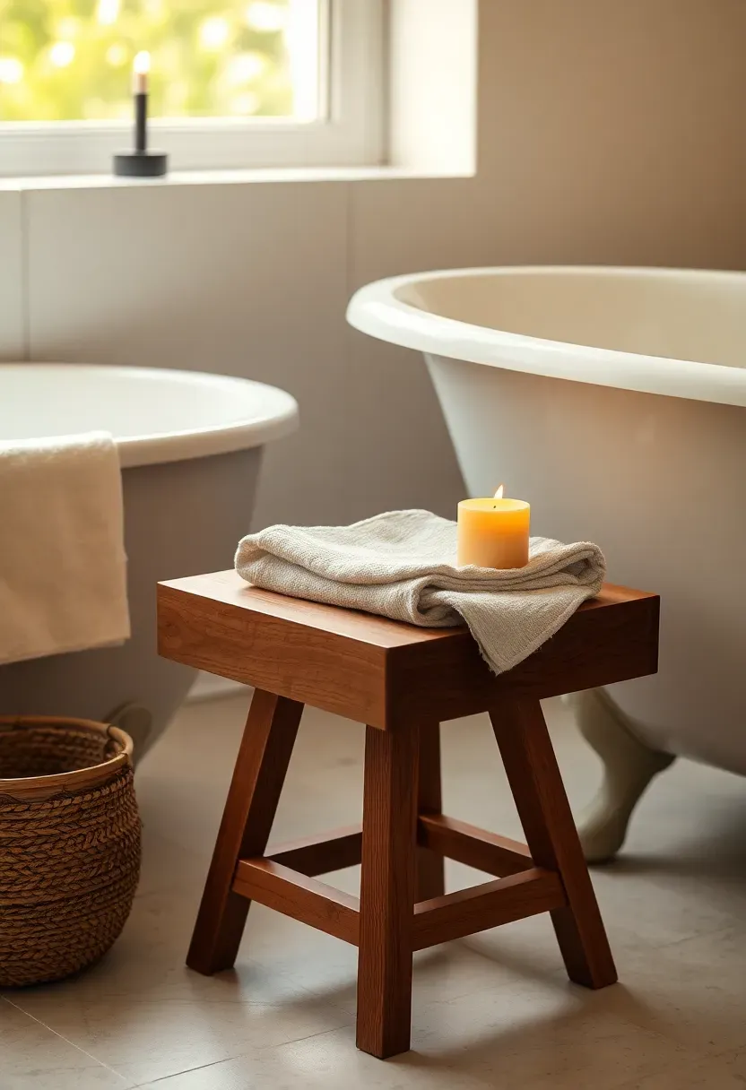 small wood teak stool beside freestanding bathtub holding folded towel and candle
