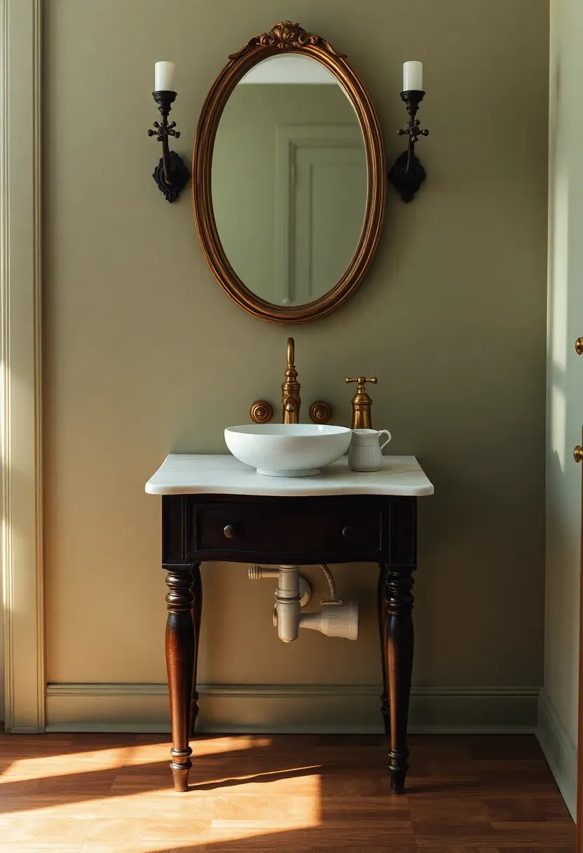 Restored antique washstand with original ceramic basin, brass fixtures, and vintage mirror
