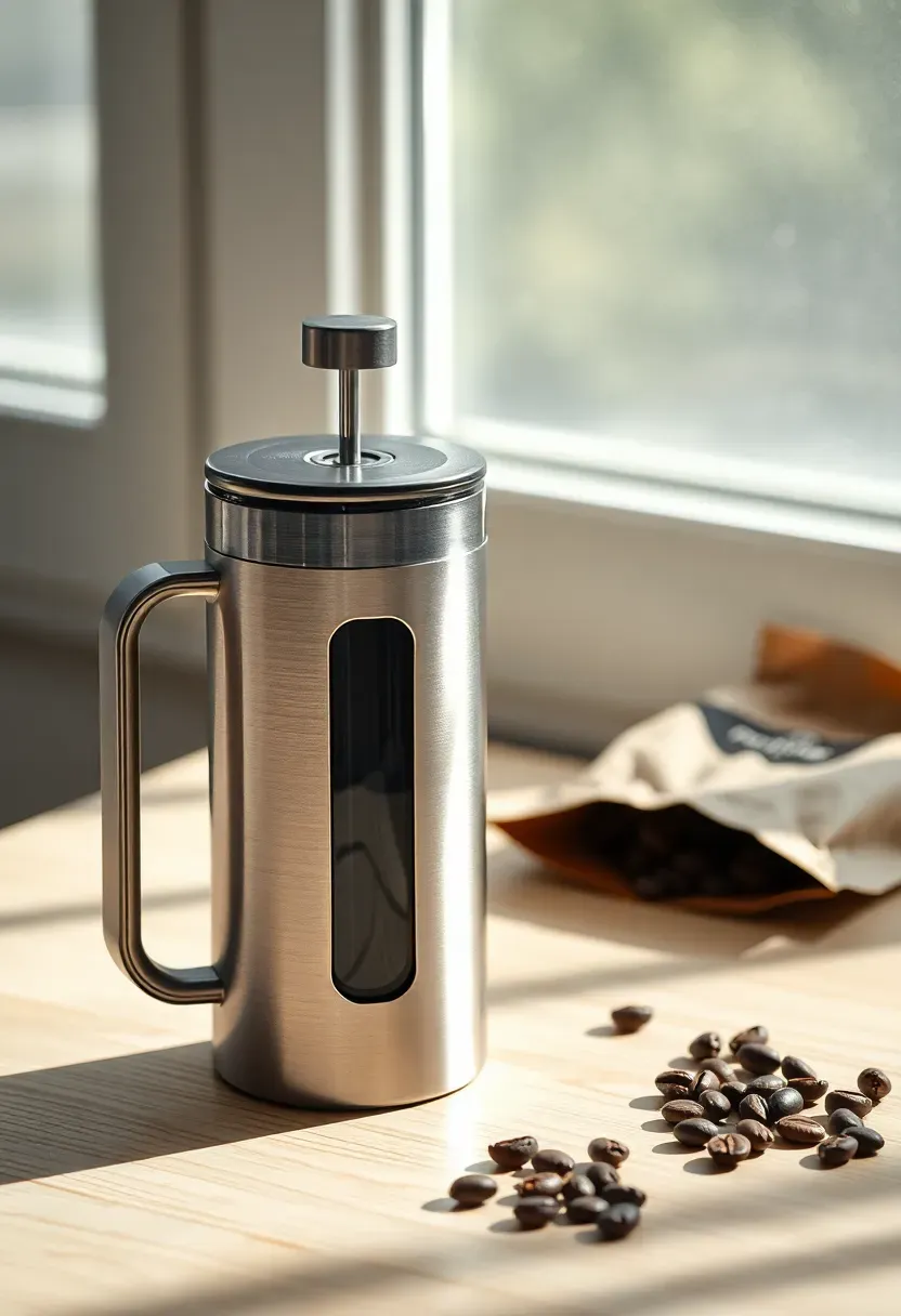Single-serve French press travel mug in matte stainless steel with a pressed plunger and dark coffee visible through a glass window