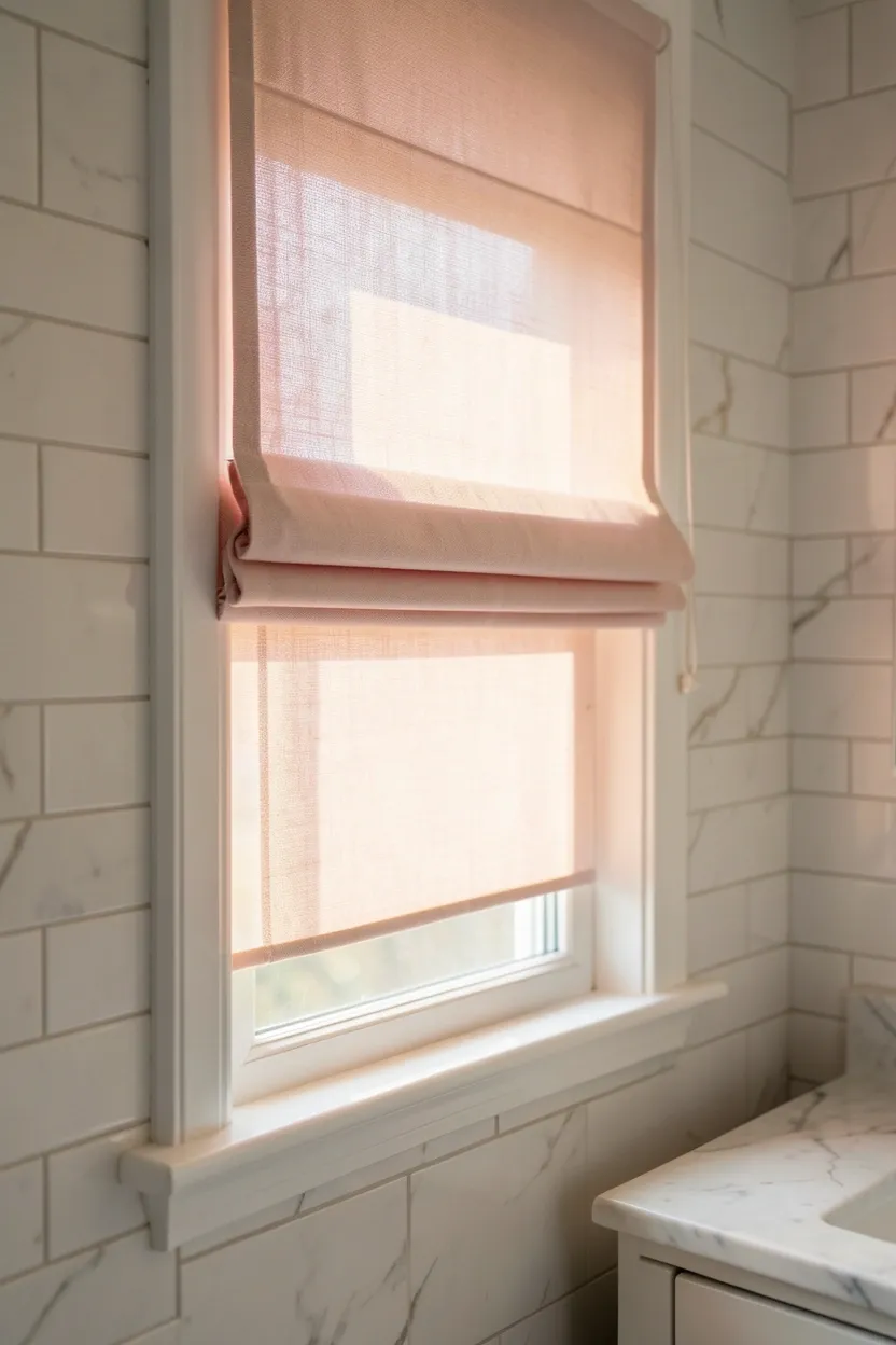 Blush pink Roman shade on bathroom window filtering soft light with matching blush towels and neutral tile walls