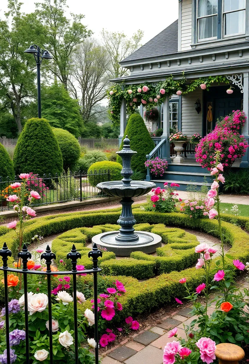 Hyper-realistic 3/4 view of a Victorian formal front yard garden with intricate parterre beds, cast iron fountain, climbing roses on porch, mixed borders with peonies and foxgloves, and wrought iron fencing. Materials: colorful cottage-style blooms, dark green Victorian boxwood, black cast iron. Soft morning light, romantic multicolor palette. Highly detailed, intricate formal layout. Visible Victorian home with gingerbread trim. No text, no logos, no watermarks.</p>