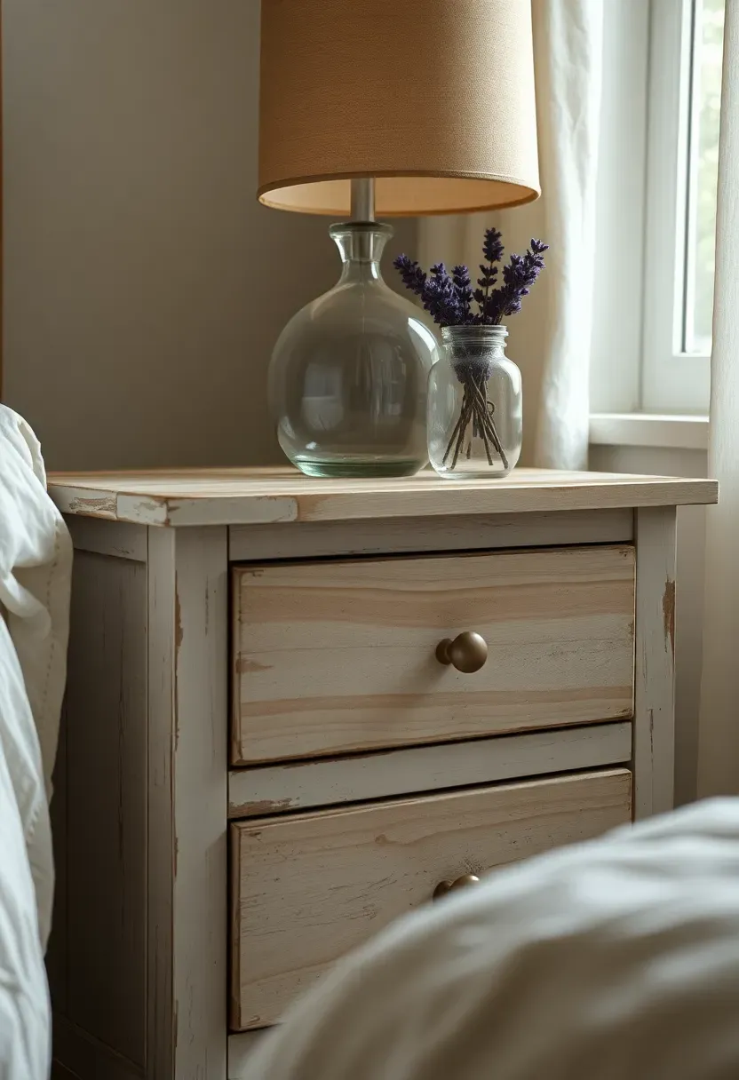 Weathered wood nightstand with peeling paint and vintage drawer pulls