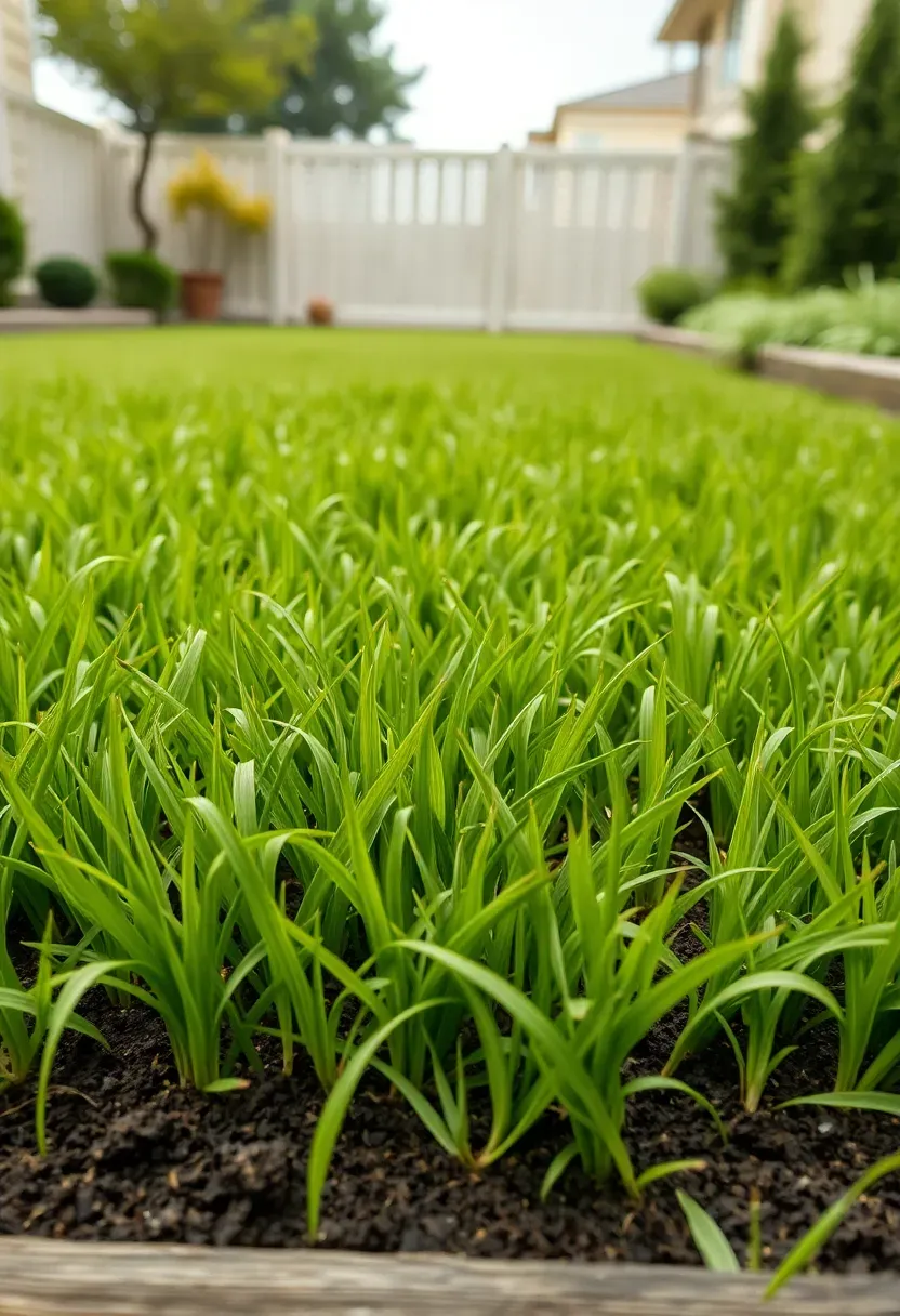 Residential lawn replaced entirely with low-growing green sedge grass creating a soft meadow-like carpet without mowing stripes