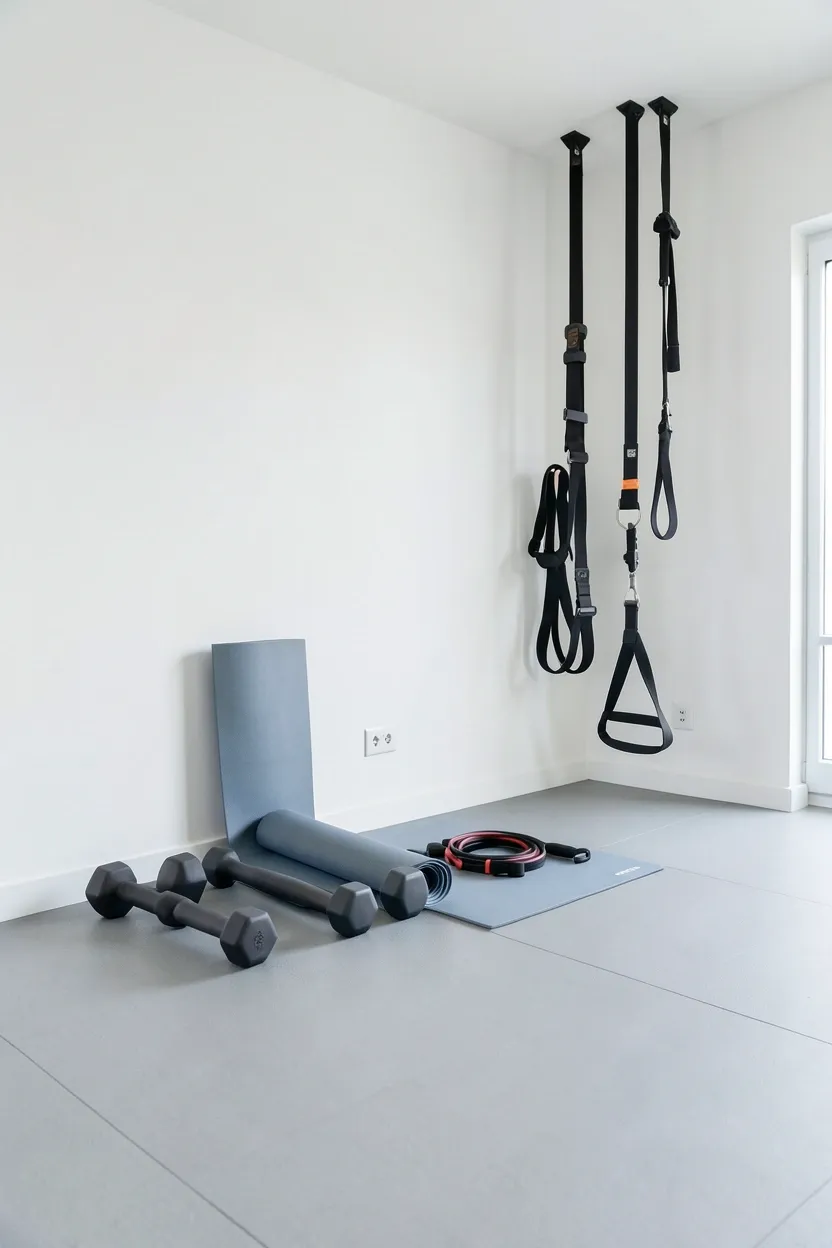 Minimalist small gym room with adjustable dumbbells, yoga mat, and resistance bands on a simple wall-mounted rack — clean uncluttered apartment workout space