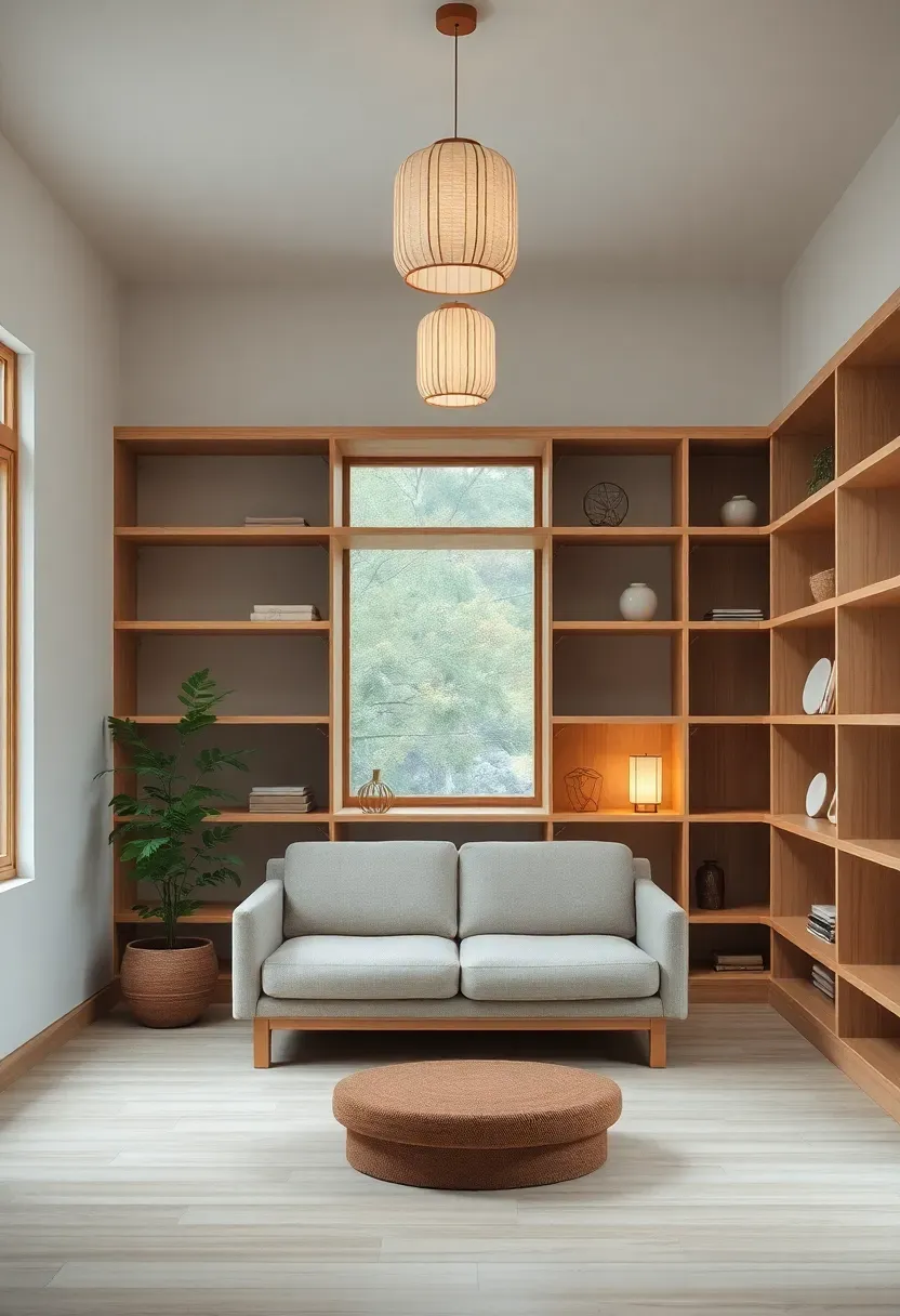 Hyper-realistic 3/4 view of Japandi-style library with light wood low shelving, neutral color palette, simple low sofa, paper lantern lighting, minimalist decor, plants. Materials: light oak wood, white walls, beige linen sofa, paper lantern, ceramic objects, potted plant. Soft diffused natural light from large window (overcast day), gentle shadows. Zen minimalist composition, sharp natural material details, serene balanced mood, visible uncluttered room. No text, no logos, no watermarks.</p>