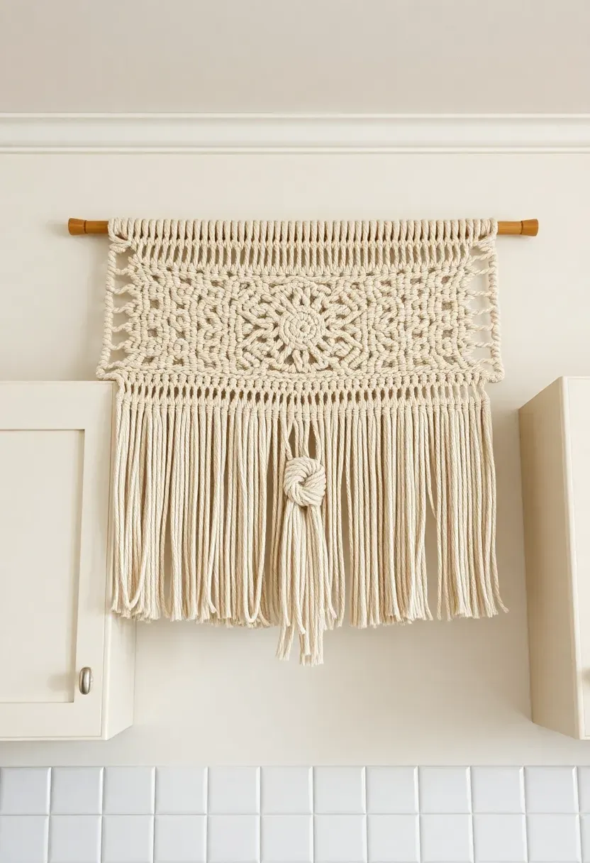 Hanging macrame panel mounted on wall above kitchen cabinets for bohemian texture