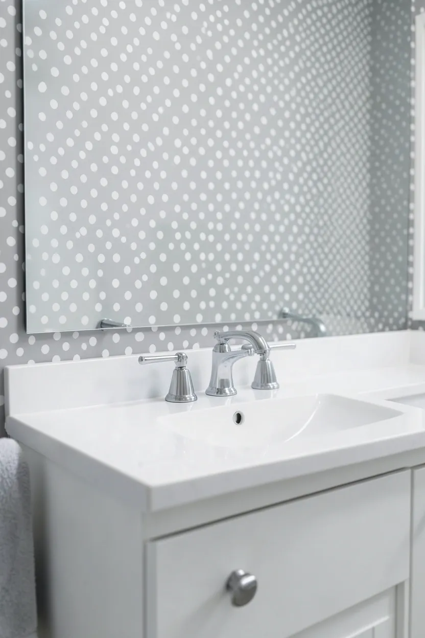 Playful mansion bathroom with blush pink polka dot removable wallpaper and white vanity