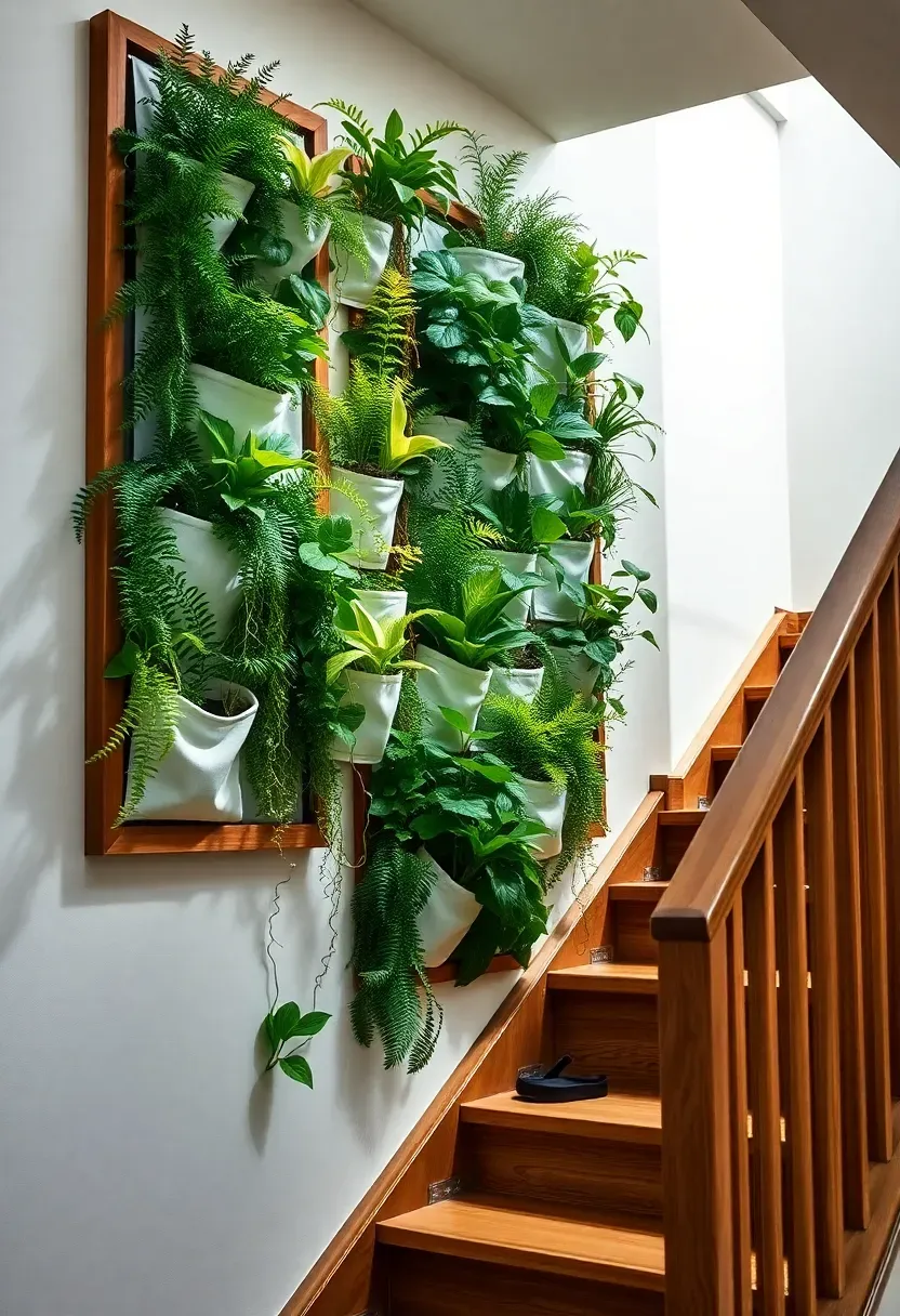 Staircase with a lush biophilic living wall of ferns, pothos, and peace lilies in felt pocket planters on a teak frame beside the treads, lit by overhead skylight