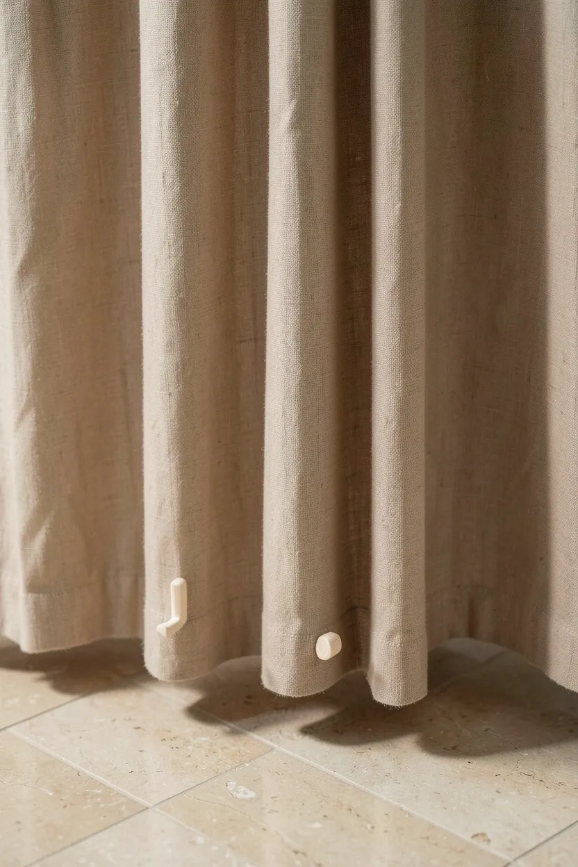 Unbleached oatmeal linen shower curtain in a neutral japandi bathroom — soft natural drape with minimalist hardware