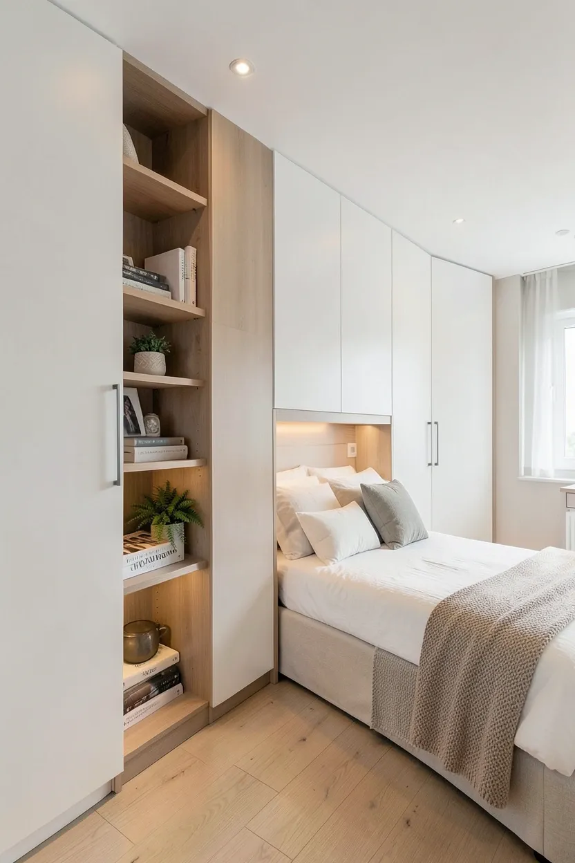 Modern Murphy bed folded into a white wall cabinet in a studio apartment, freeing up floor space during the day