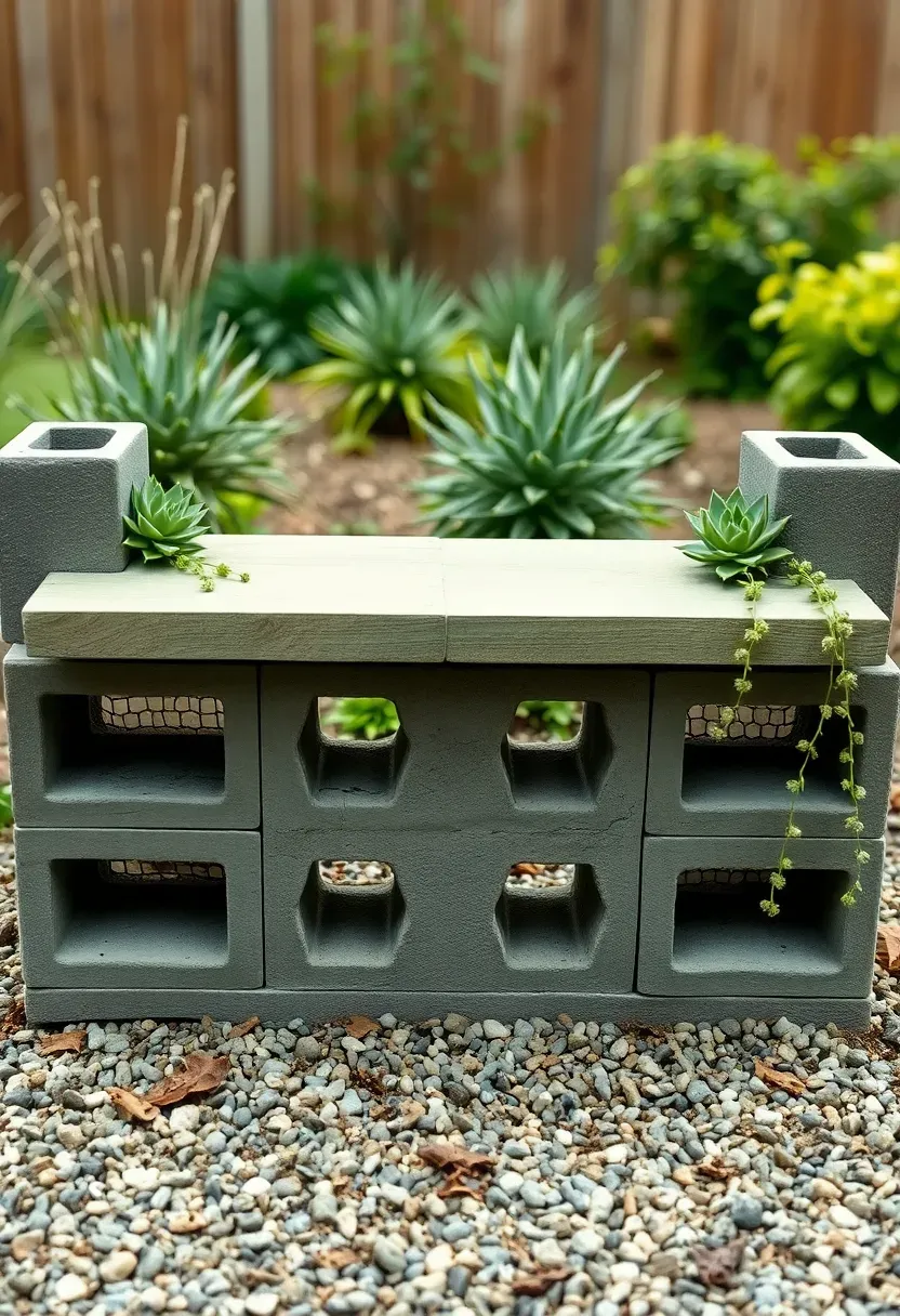 A garden bench made from three stacked cinder blocks on each side with two thick wooden planks laid across the top as a seat, painted in a muted sage green color