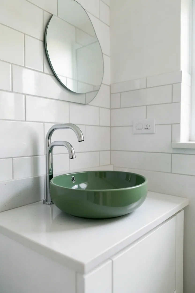 Hyper-realistic eye-level photograph of a modern green bathroom featuring fern green ceramic vessel sink on white vanity cabinet with white quartz countertop, chrome gooseneck faucet, white subway tile wall, small round mirror. Natural light. Materials: fern green ceramic, white quartz, chrome fixtures. Soft natural green focal point. Clean modern aesthetic. No text, no logos, no watermarks.</p>