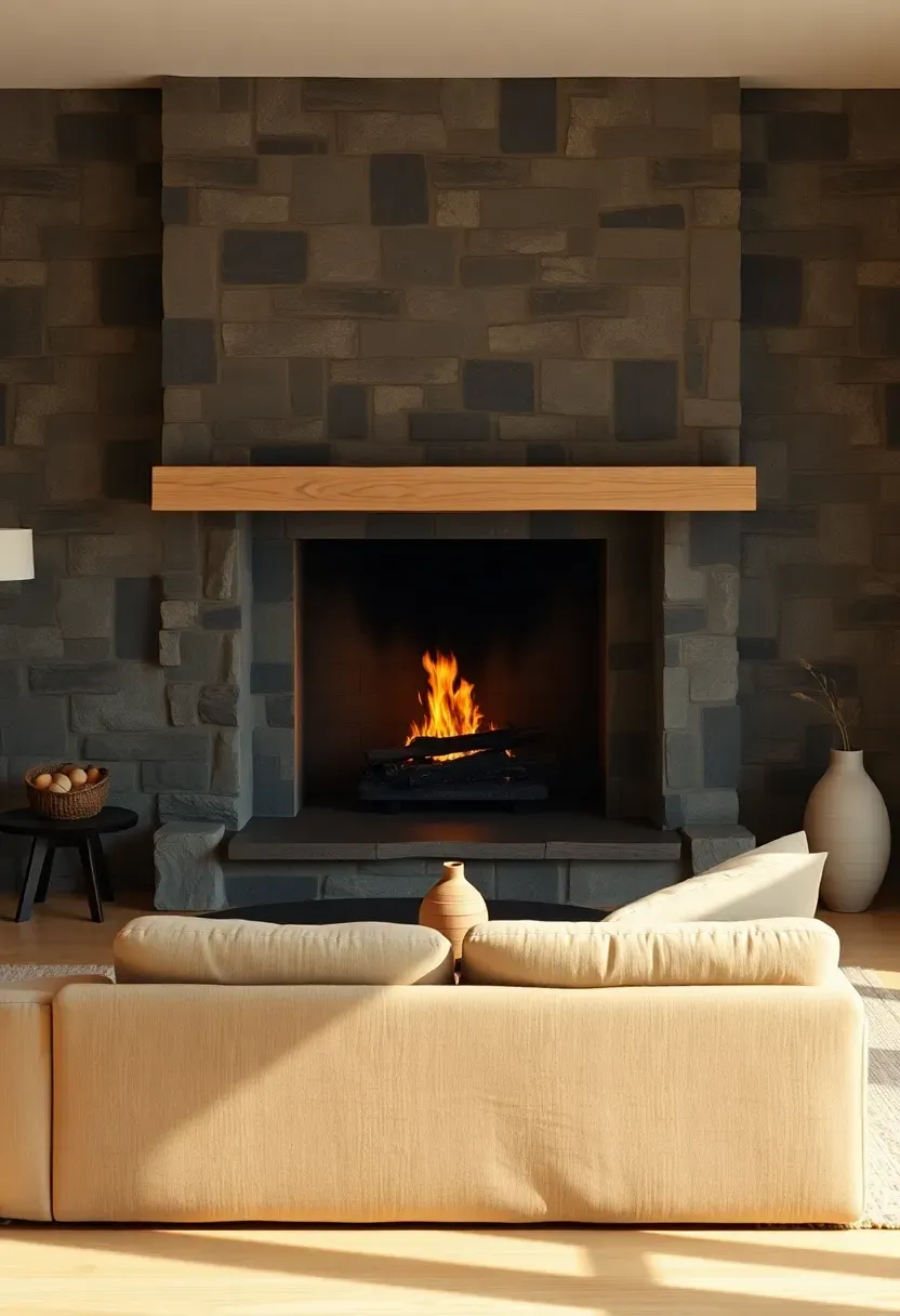 Hyper-realistic 3/4 view of a minimalist Japandi living room with fireplace featuring rough slate stone surround with light oak wood mantle, low sofa facing the fire, wooden coffee table. Materials: warm gray stone, light oak mantle, beige linen sofa, wool rug, ceramic vase. Soft natural daylight with fire glow creating warm shadows, cozy and serene atmosphere. Clean composition with negative space, sharp texture contrast between stone and wood, no clutter, no text, no watermarks.</p>