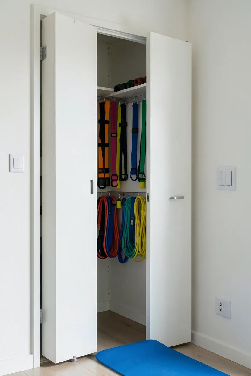 Over-the-door organizer on the back of an apartment door holding resistance bands, jump rope, and yoga straps — hidden workout equipment storage for renters with no installation