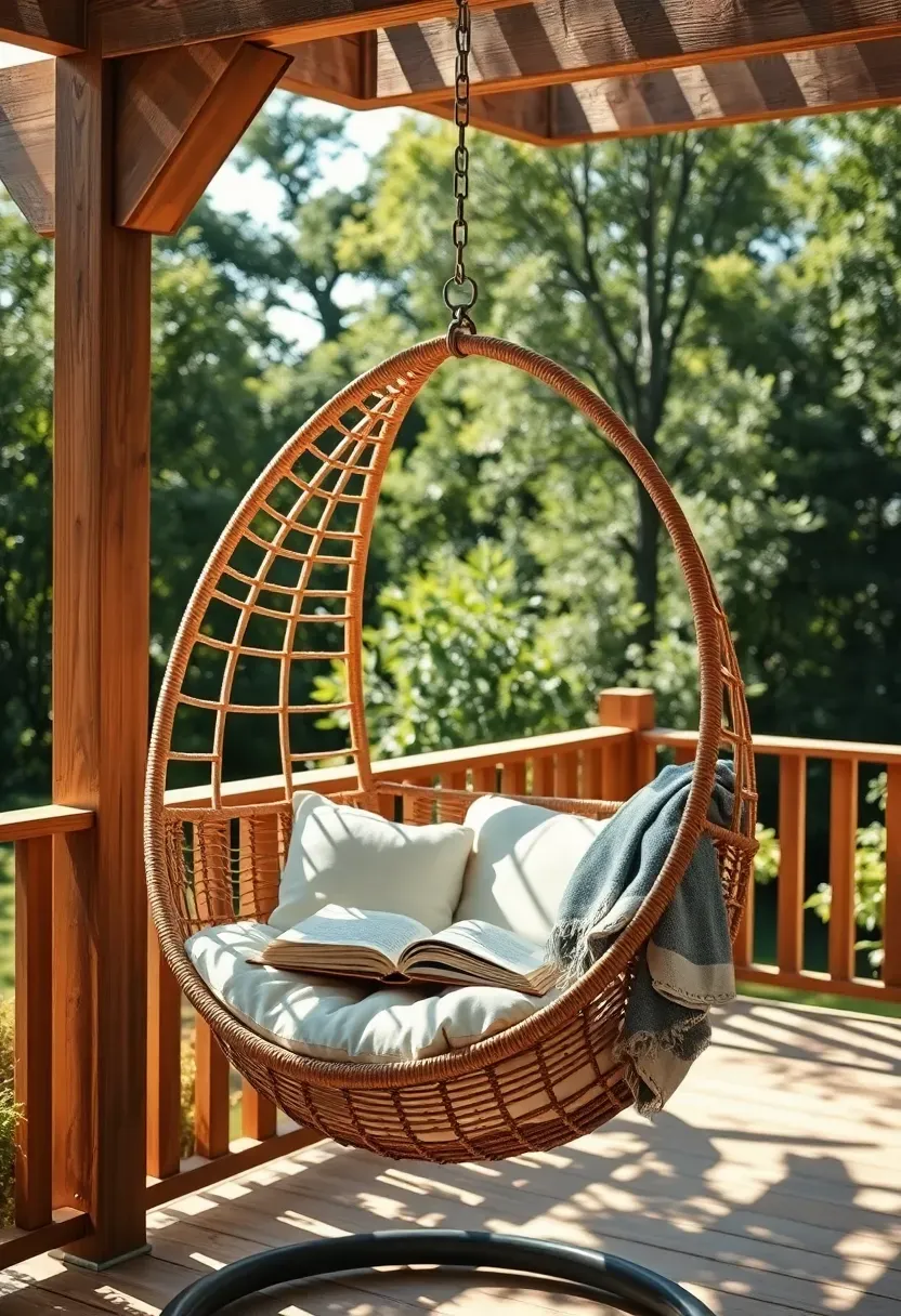 Hanging egg chair suspended from a pergola beam on a sun terrace, with a book and blanket inside, overlooking a garden view