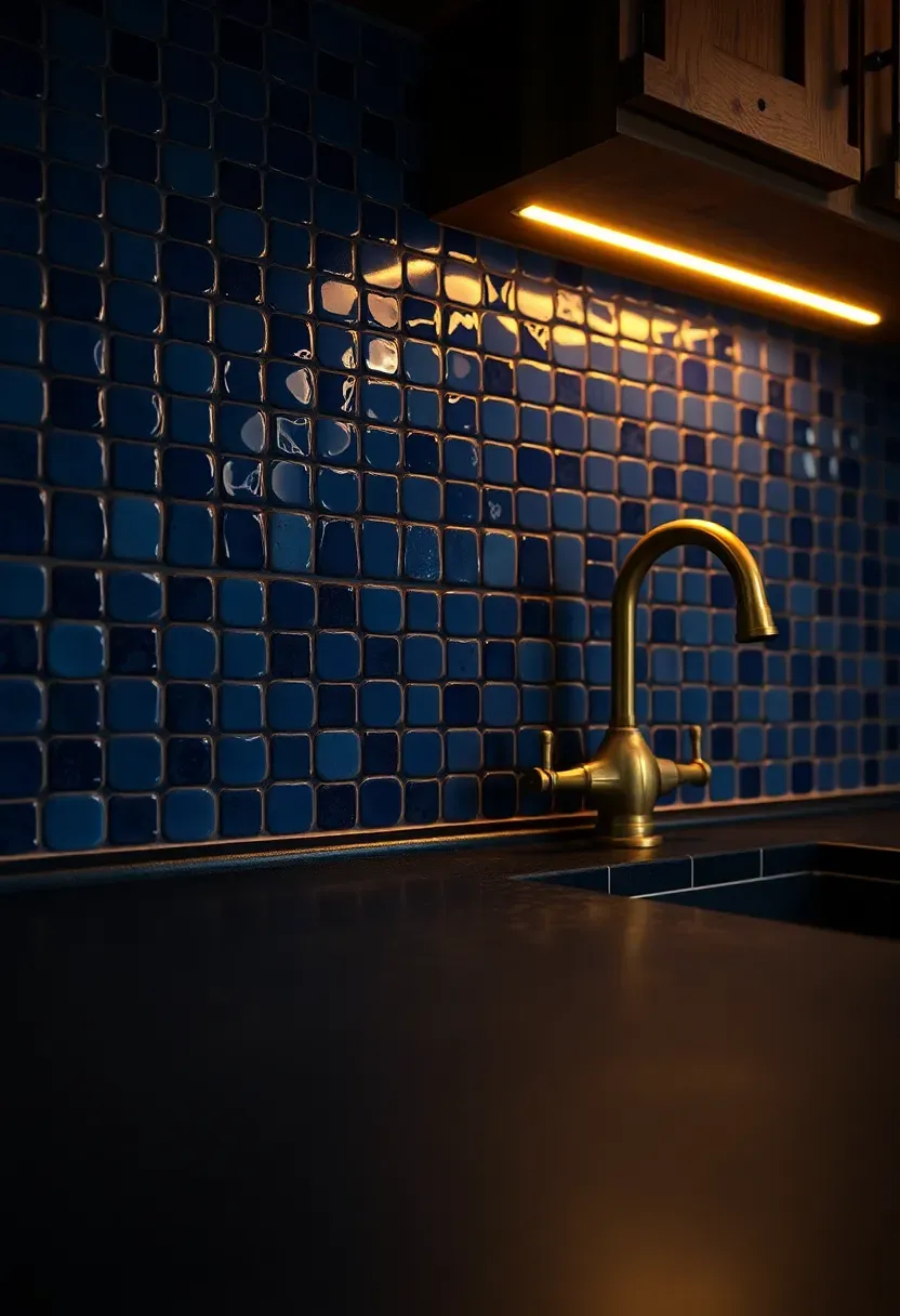 dark moody zellige tile backsplash in deep midnight blue in a kitchen with brass hardware