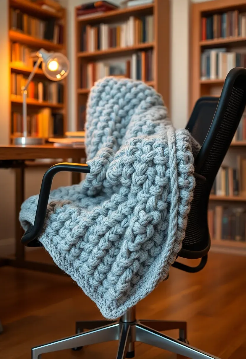 A soft weighted blanket draped over an ergonomic office chair in a cozy home office with warm ambient lighting