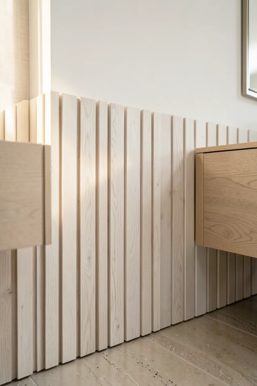 Vertical oak timber slat wall paneling behind a tub in a japandi bathroom — warm natural texture against white walls