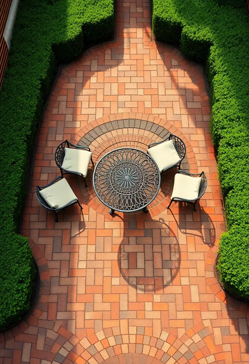 Classic herringbone pattern brick patio with aged red and brown bricks, a central circular medallion detail, surrounded by boxwood hedging and iron garden furniture